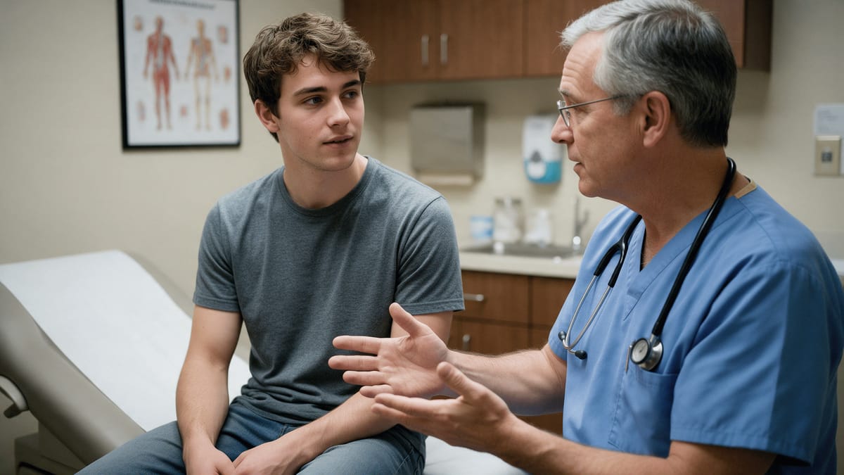 A doctor talking a patient through treatment options in a clinic consultation room