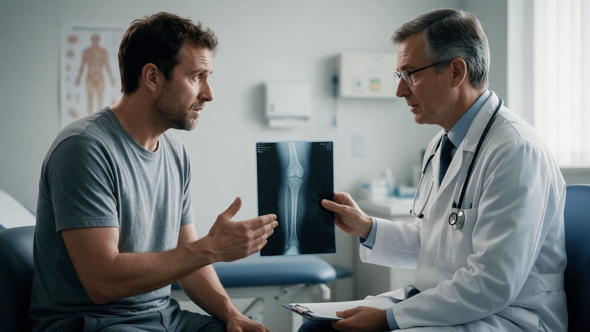 A doctor holding up a leg X-ray while discussing it with a patient in a consultation room