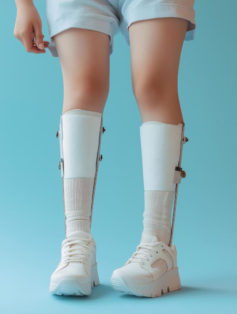 Ilizarov limb lengthening patient wearing external fixators on both lower legs