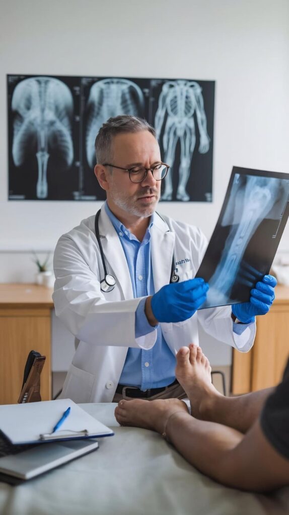 Patient consultation with surgeon reviewing X-rays and a cost breakdown sheet (1)